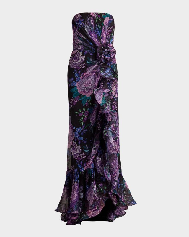 Strapless Floral-Print Ruffle Gown